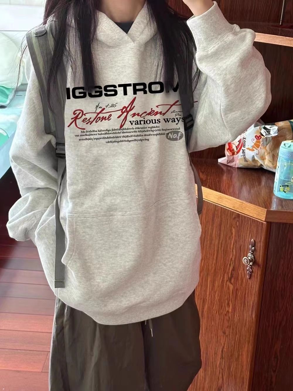美式潮牌灰色衛衣女秋冬新款加絨加厚寬鬆慵懶風高街情侶連帽外套