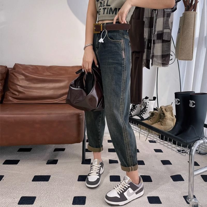 加絨加厚復古大碼牛仔褲女2023秋冬新款寬鬆高腰顯瘦哈倫蘿蔔褲子