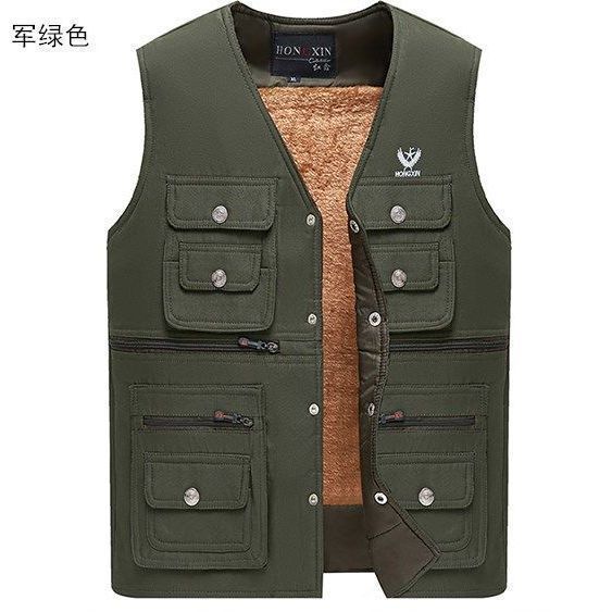 冬季男士保暖背心中老年坎肩多口袋寬鬆加絨釣魚春秋季休閒爸爸裝