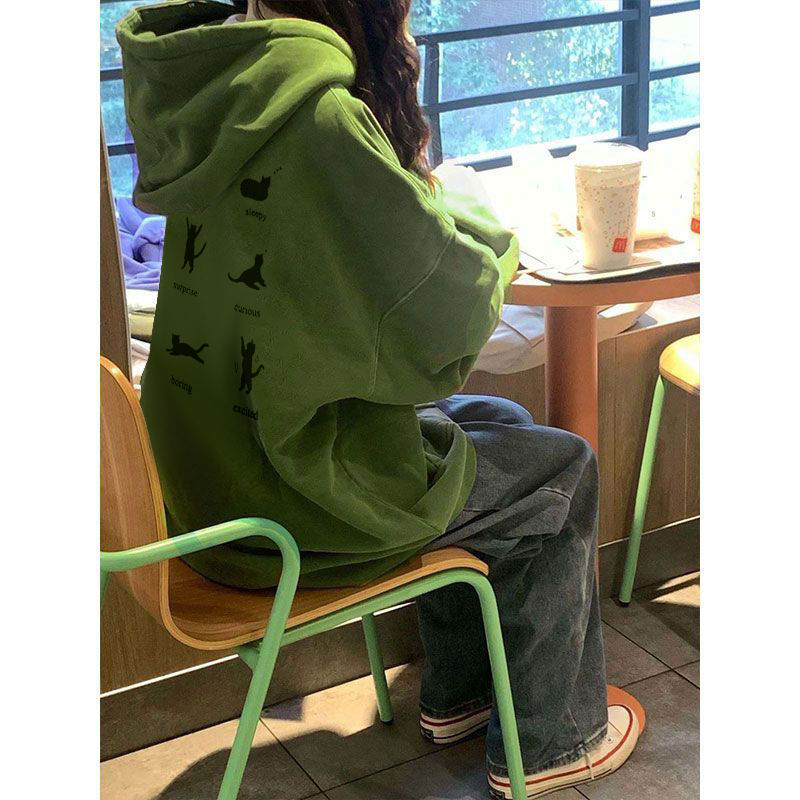 秋冬新款加绒加厚动物字母印花卫衣女连帽绿色上衣oversize打底衫
