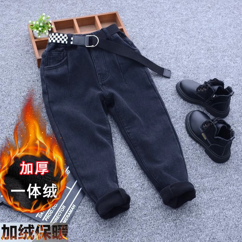 Boys' jeans in autumn and winter, thickened with velvet, new Korean style, fashionable and casual all-in-one velvet boys' pants for middle and large children