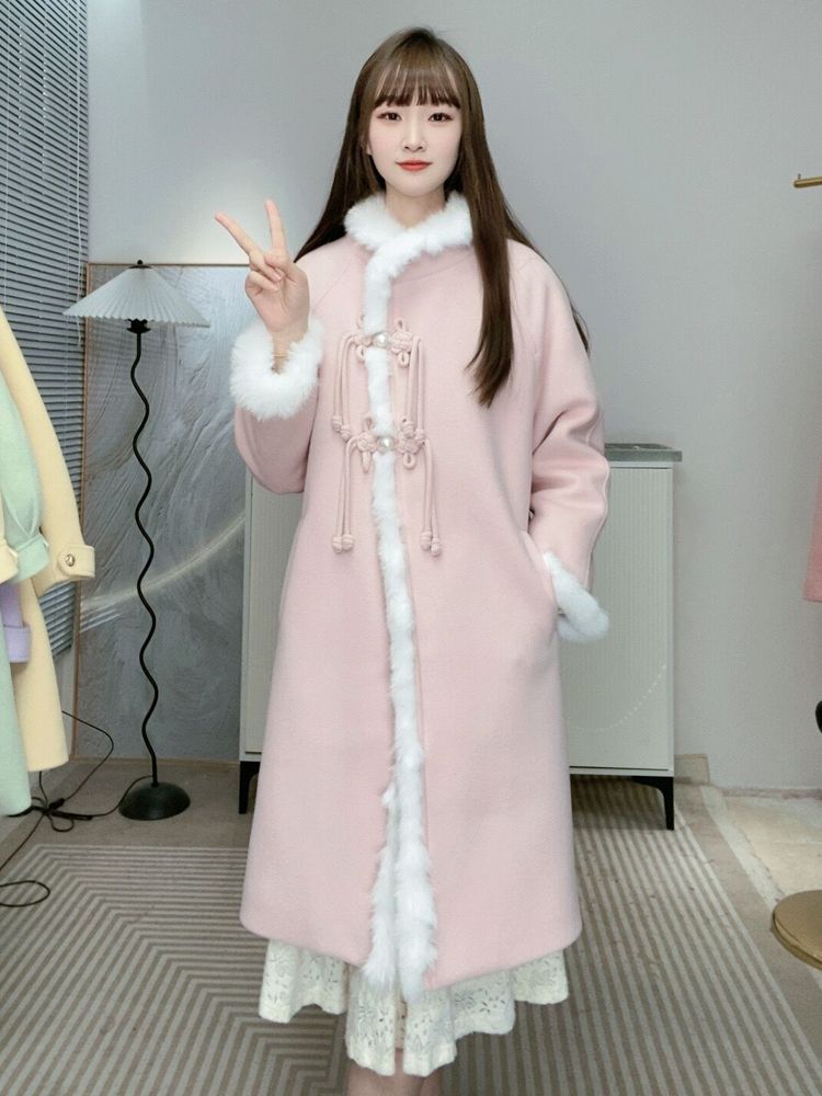 外套女2023新款秋冬新中式粉色高級感拼接小個子中長款毛呢大衣女