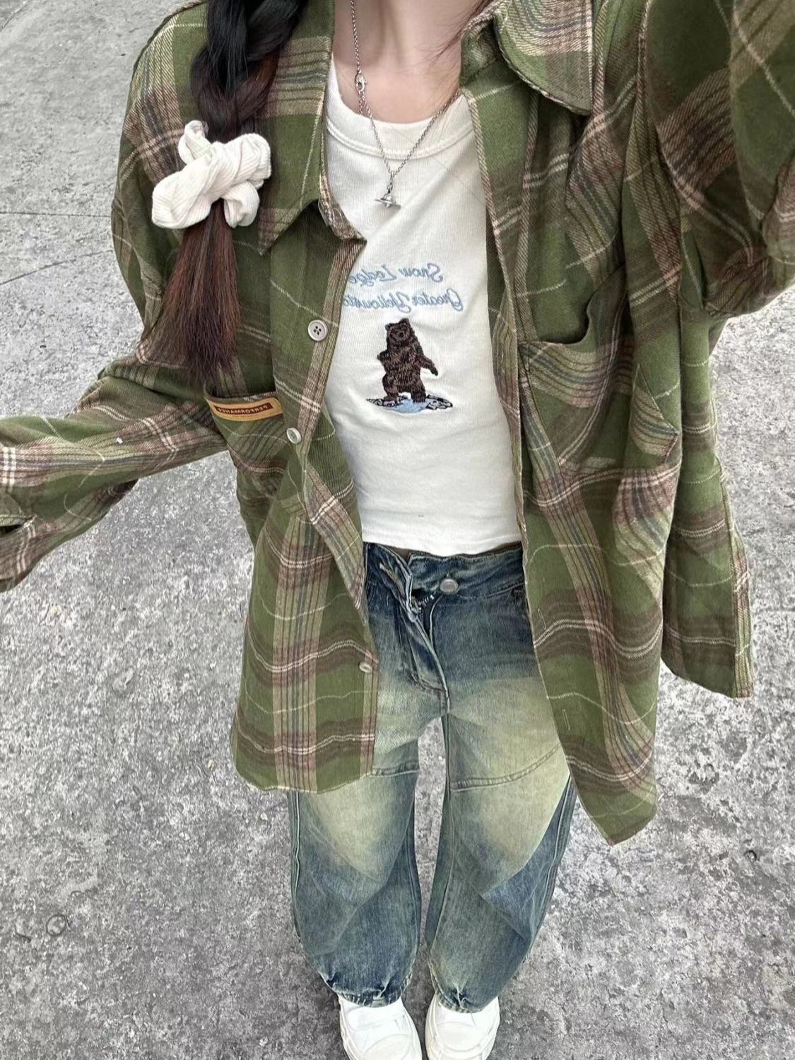 美式復古格子磨毛格子襯衫女秋冬2023新款設計感寬鬆開衫長袖外套