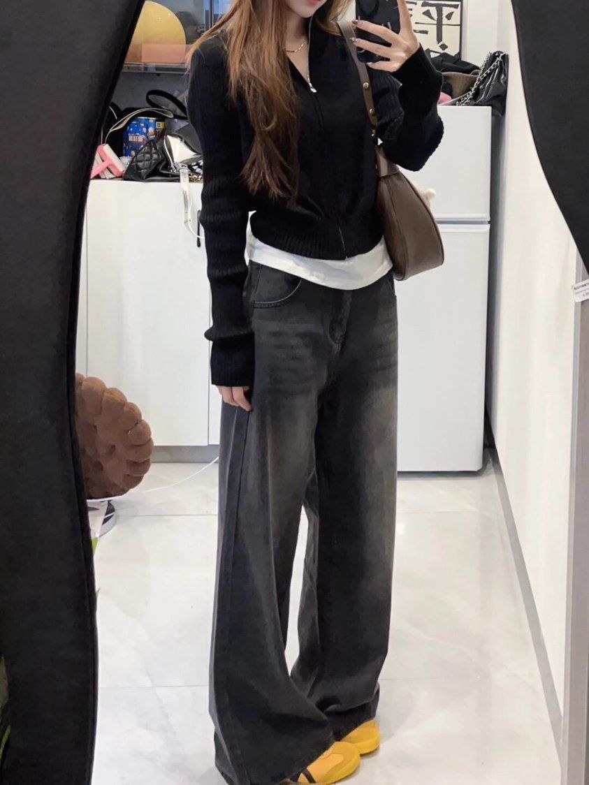 美式復古黑灰闊腿直筒牛仔褲女2023秋冬小眾潮流新款垂感拖地褲子