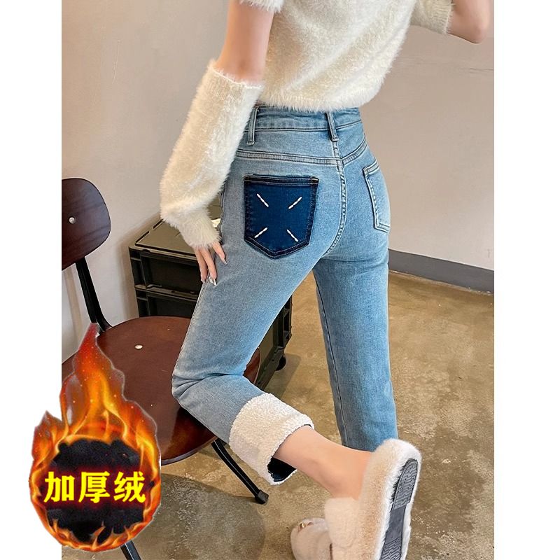 加絨加厚拼接直筒牛仔褲女2023年秋冬季新款高腰顯瘦九分煙管褲子