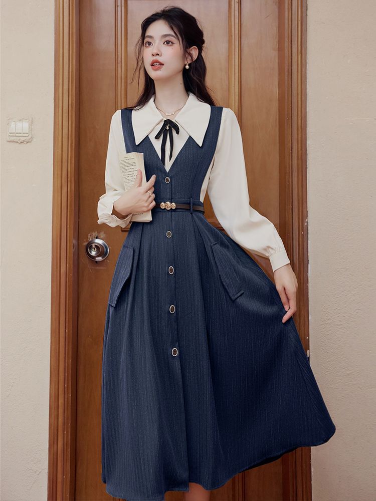 French retro literary suspender skirt two-piece set autumn and winter new college temperament elegant sweater dress suit