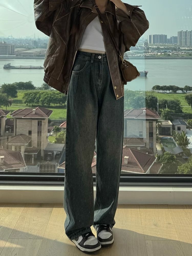 水泥灰復古闊腿牛仔褲女高腰寬鬆顯瘦秋季新款梨形身材直筒拖地褲