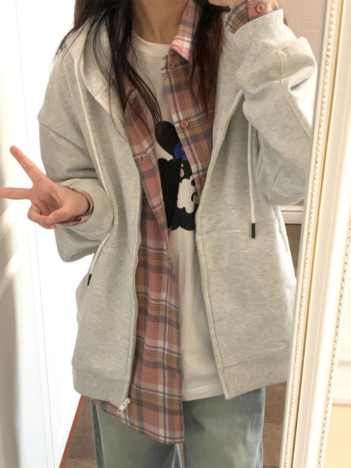 奶白灰外套女春秋連帽衛衣韓系chic小個子百搭慵懶風寬鬆休閒開衫