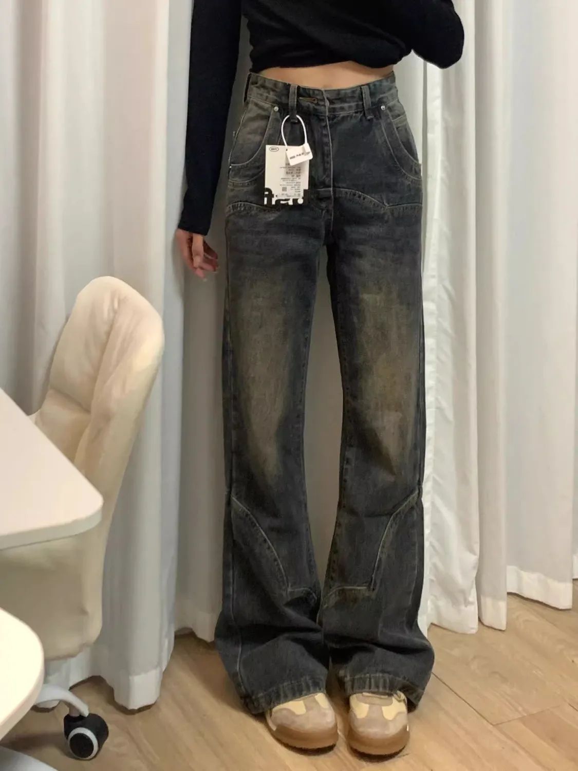 拼接做舊冬季褲子女小眾微喇高腰修身顯瘦百搭辣妹美式復古牛仔褲
