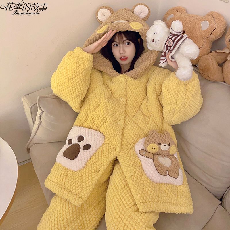 花季的故事冬天睡衣女三層夾棉超厚中長款睡袍慵懶風家居服可外穿