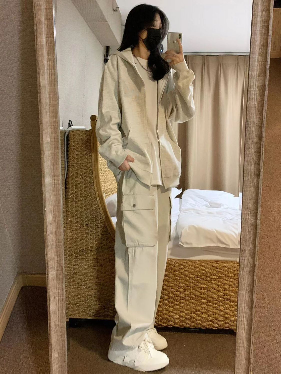 美式灰白色衛衣女春秋oversize復古連帽薄款外套寬鬆慵懶開衫上衣