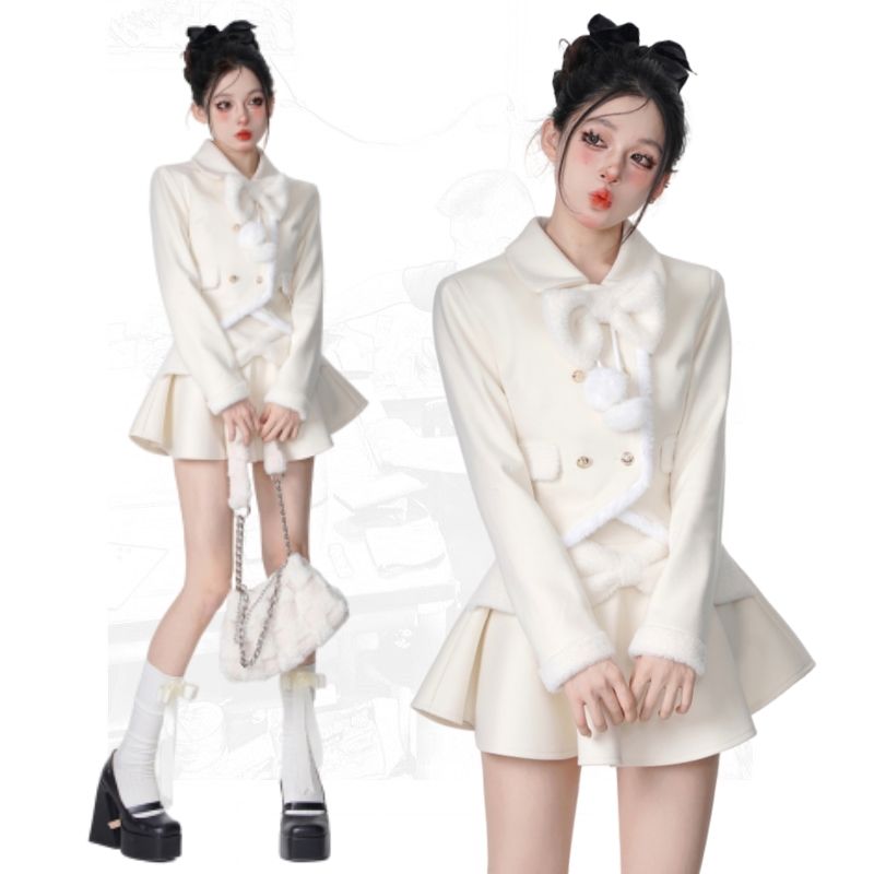 雪國公主杏色毛絨設計感小香風套裝秋冬翻領短外套女短裙美拉德