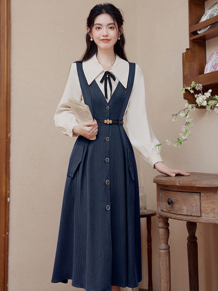 French retro literary suspender skirt two-piece set autumn and winter new college temperament elegant sweater dress suit