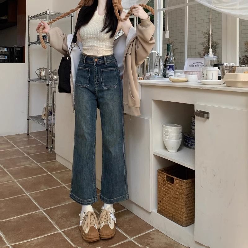 復古闊腿牛仔褲女秋冬2023年新款秋裝小個子九分高腰顯瘦直筒褲子