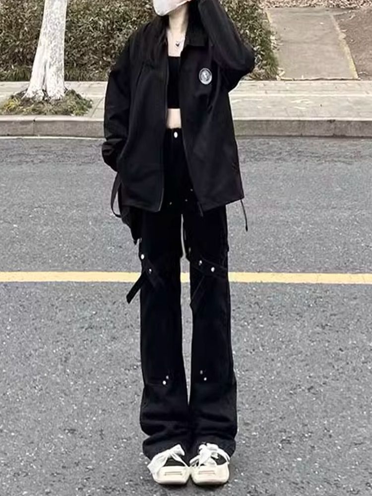 美式街頭工裝牛仔褲女2023冬季新款高腰寬鬆闊腿顯瘦百搭直筒褲子