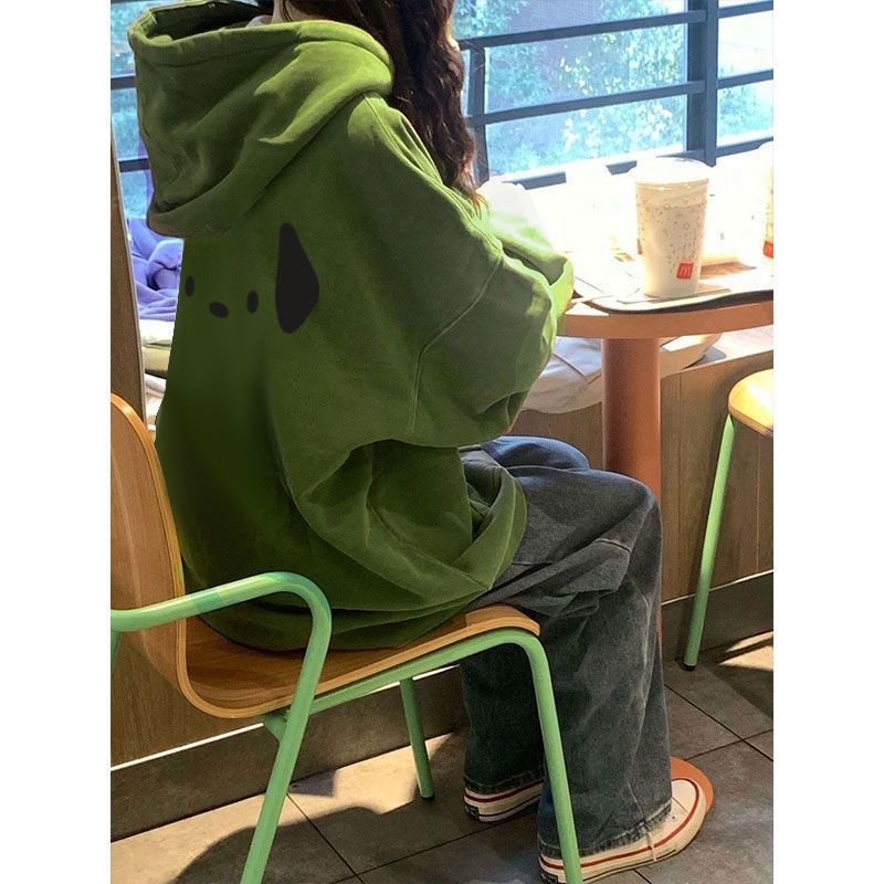 美式加厚秋冬新款連帽加絨衛衣女oversize外套小狗學生綠色上衣潮