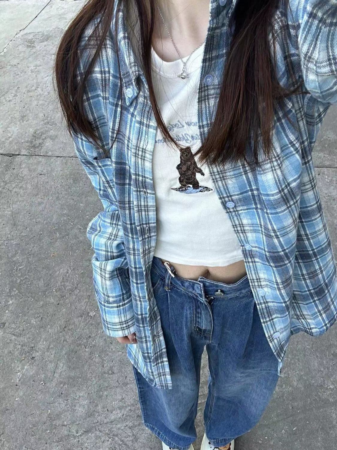 磨毛格子襯衫女秋冬2023新款打底疊穿上衣內搭慵懶風長袖襯衣外套