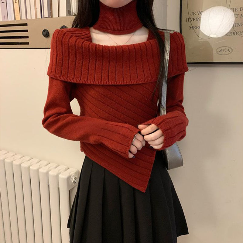 純欲辣妹一字肩針織打底衫女秋冬新款本命年聖誕紅色毛衣露肩上衣