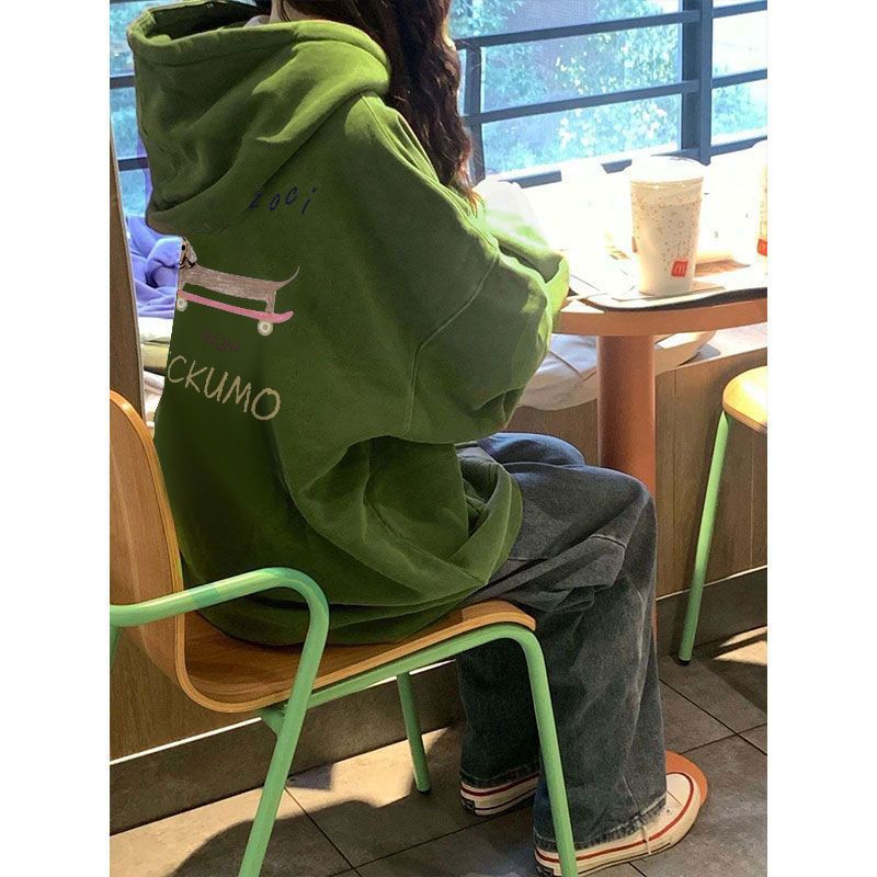 秋冬新款加絨加厚卡通字母印花衛衣女連帽綠色上衣oversize打底衫