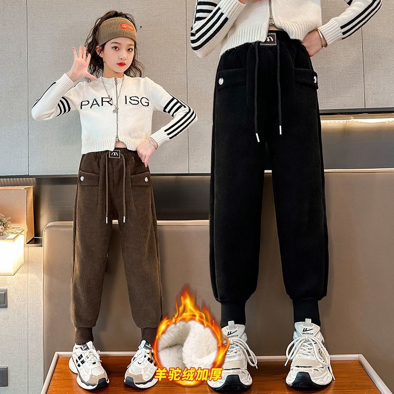 女童加絨褲子秋冬裝外穿小女孩冬天一體絨加厚休閒寬鬆兒童束腳褲