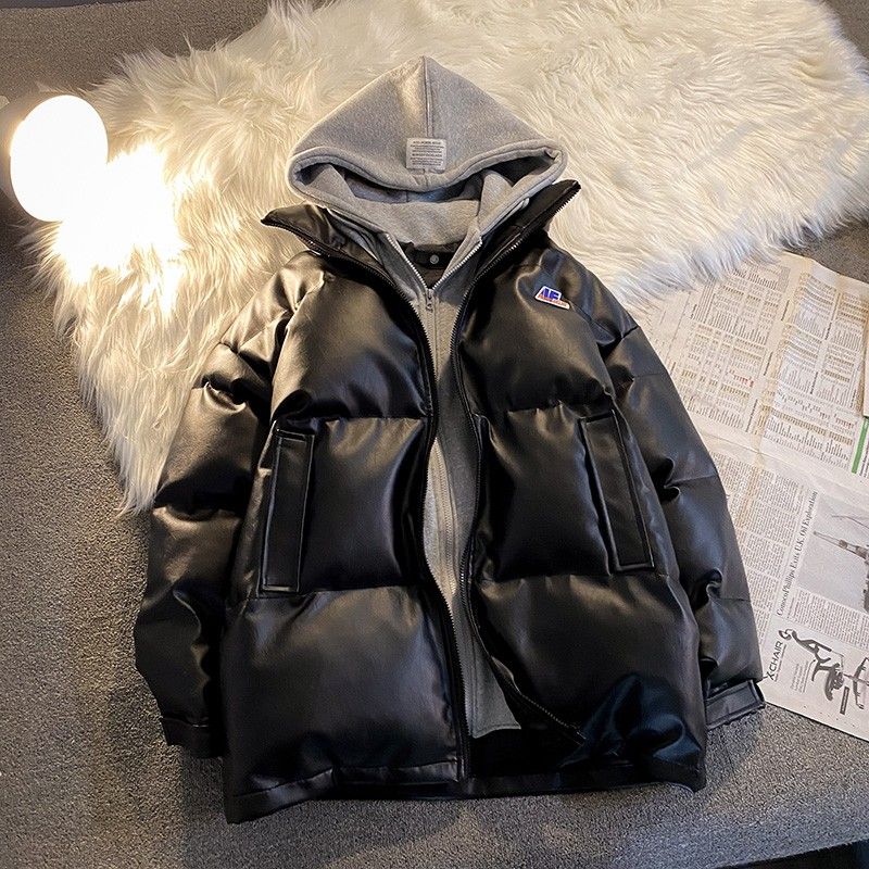 假兩件黑色棉服男秋冬港風寬鬆PU皮加厚連帽棉襖高街潮牌棉衣外套