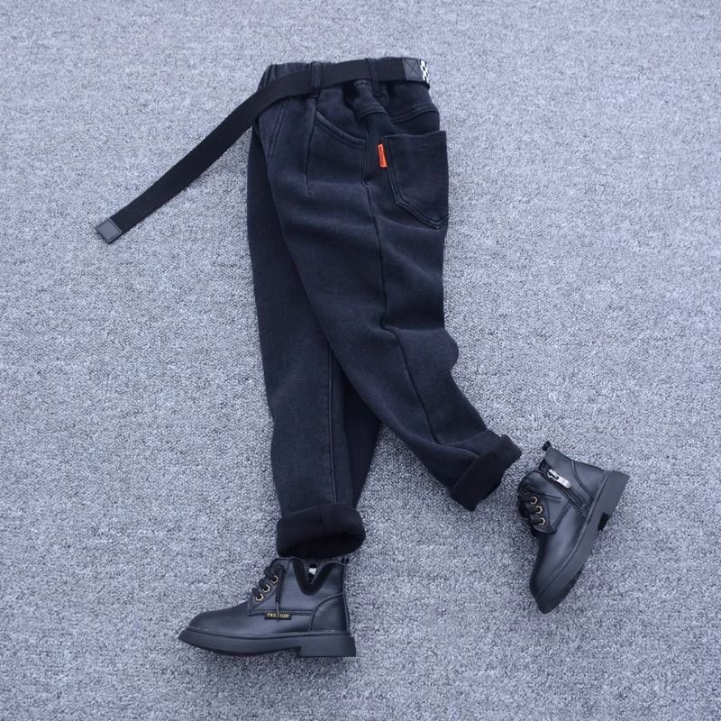 Boys' jeans in autumn and winter, thickened with velvet, new Korean style, fashionable and casual all-in-one velvet boys' pants for middle and large children