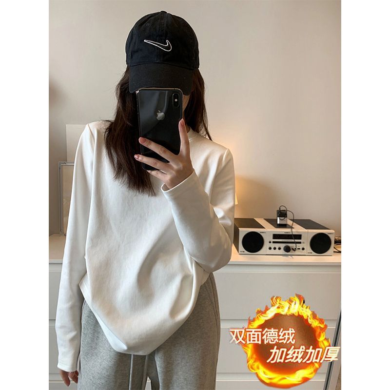 加厚雙面徳絨圓領白色打底衫女加絨秋冬磨毛內搭純色寬鬆中長T恤