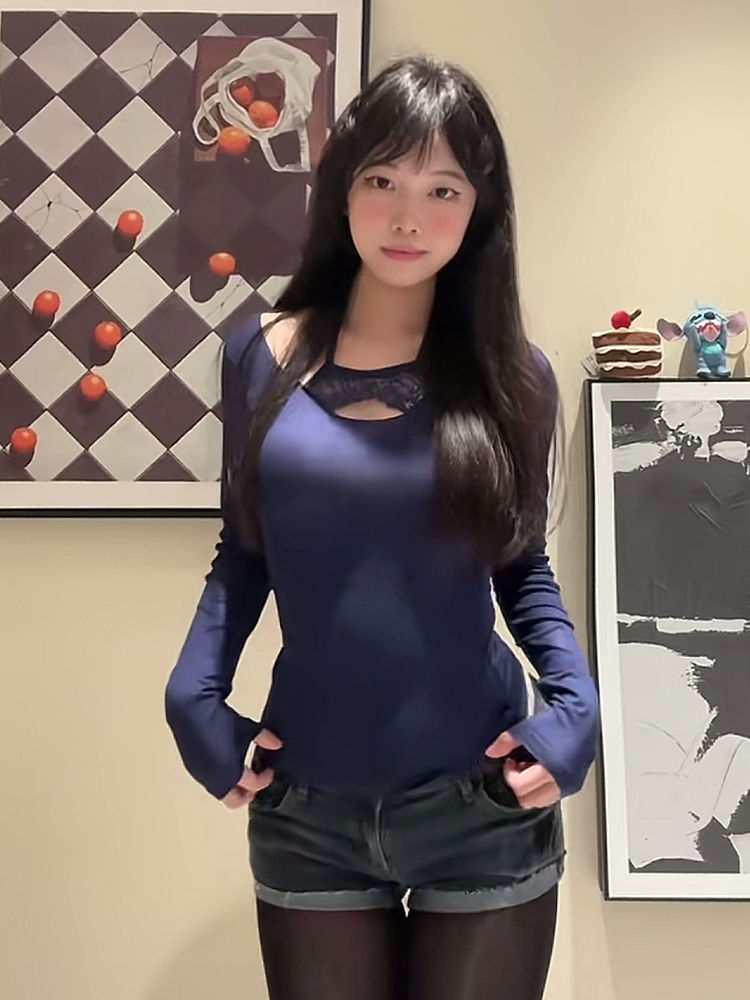 純欲風蕾絲掛脖鏤空長袖T恤女秋冬季露肩修身顯瘦內搭打底衫上衣