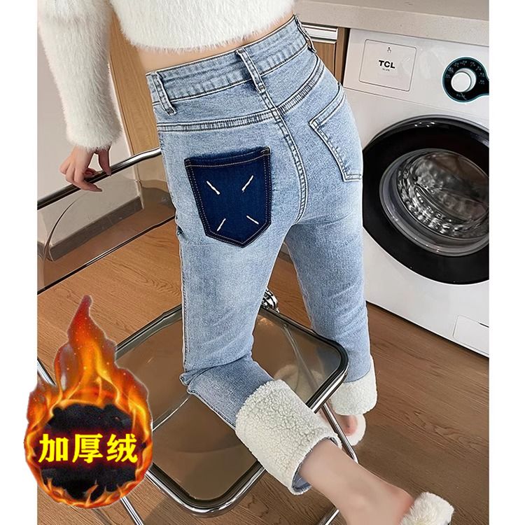加絨加厚直筒牛仔褲女2023年秋冬新款高腰顯瘦小個子九分煙管褲潮