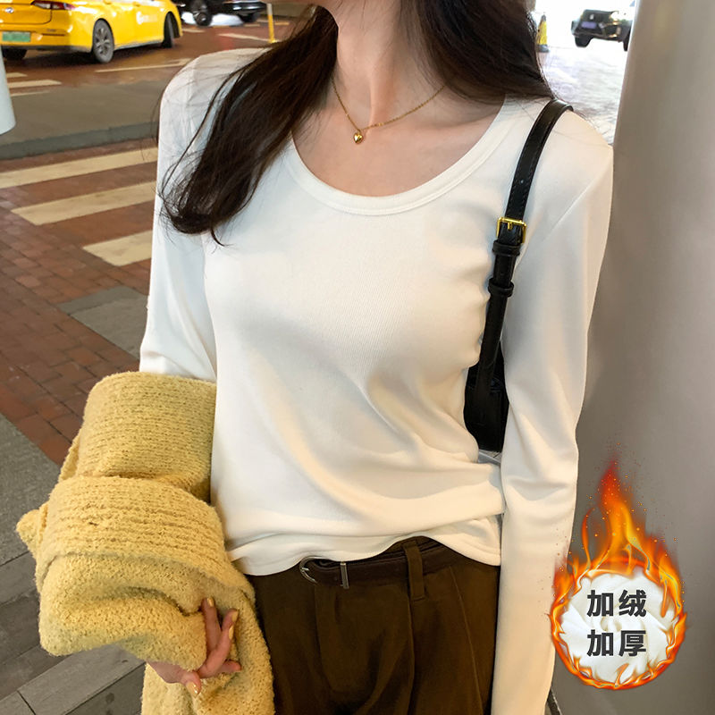 加厚加絨內搭打底衫女秋季新款低圓領長袖T恤雙面德絨保暖上衣