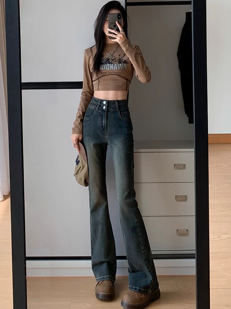 水泥灰微喇叭牛仔褲女2023新款秋冬小個子高腰顯瘦修身拖地馬蹄褲