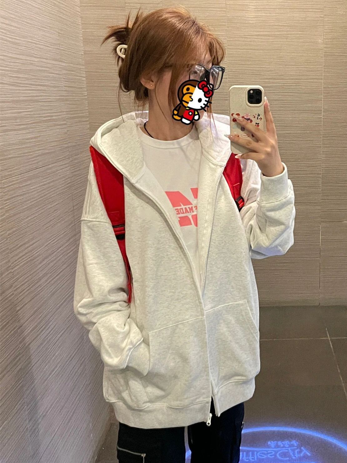 美式灰白色衛衣外套女春秋2023新款爆款寬鬆連帽拉鏈開衫上衣女裝