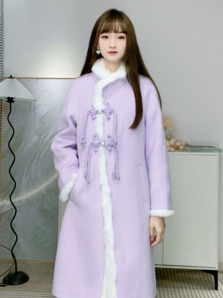 外套女2023新款秋冬新中式紫色高級感拼接小個子中長款毛呢大衣女