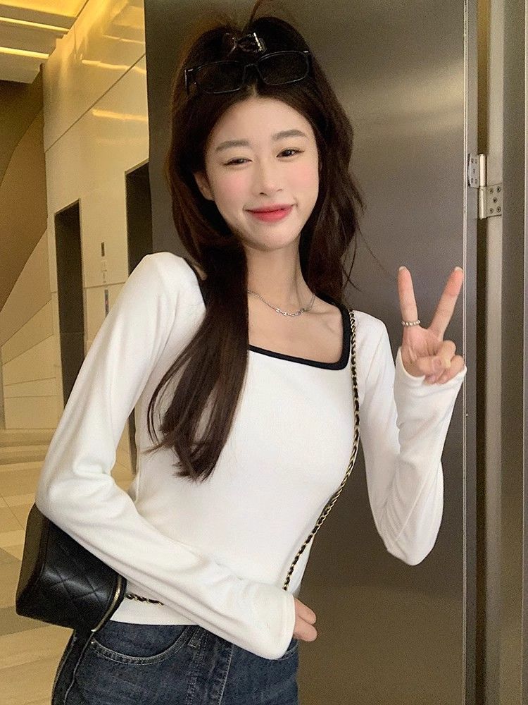 德絨方領長袖T恤女2023秋冬新款加厚保暖撞色網紅修身顯瘦上衣ins