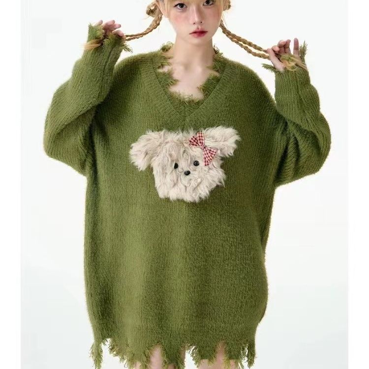 Lazy puppy ripped edge imitation mink sweater for women autumn and winter 2023 new loose and versatile v-neck pullover knitted top