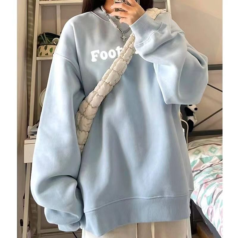 美式oversize衛衣女2023新款美拉德秋冬加絨加厚圓領上衣ins潮牌