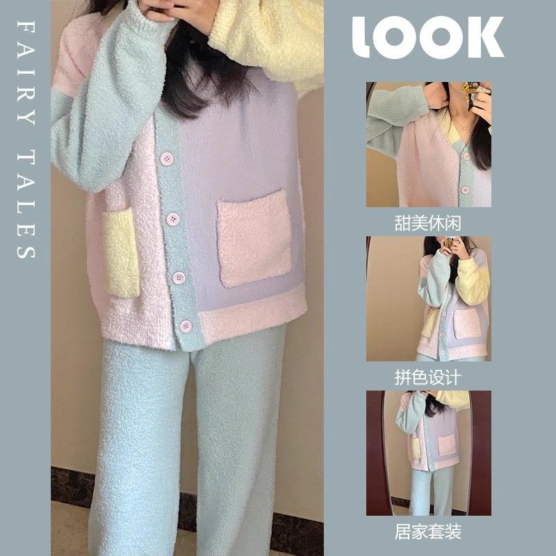 珊瑚絨睡衣女秋冬季2023年新款半邊絨加厚冬天軟綿綿家居服可外穿