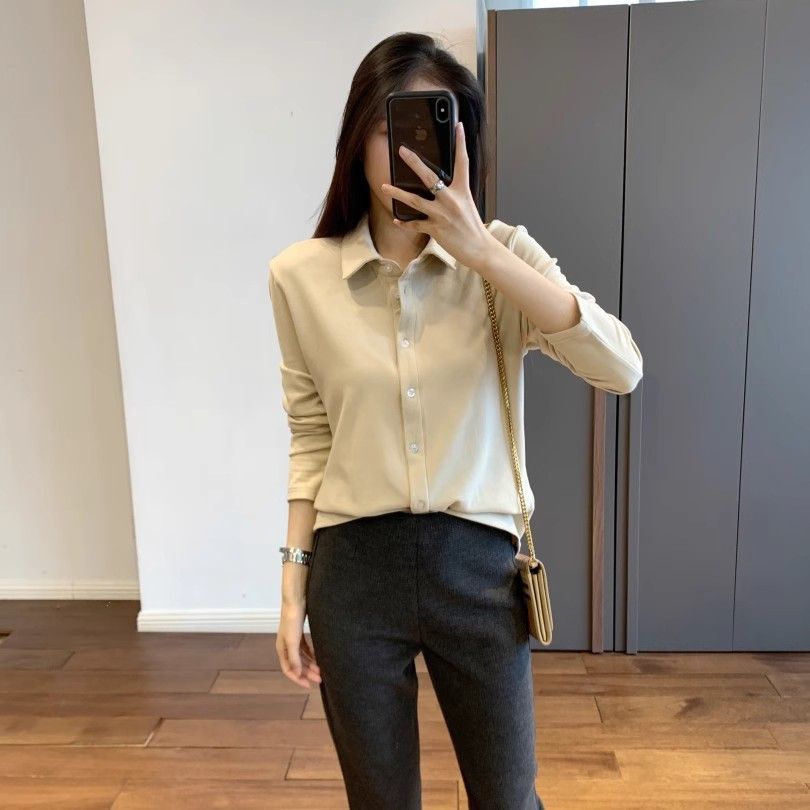 秋冬洋氣加厚雙面絨發熱保暖打底衫長袖襯衫港味翻領設計感上衣女