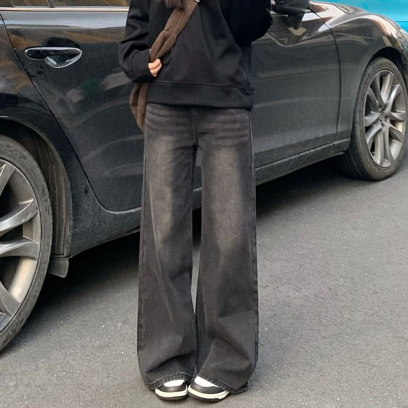 復古做舊黑灰色直筒牛仔褲女小個子高腰顯瘦垂感拖地長褲子ins潮