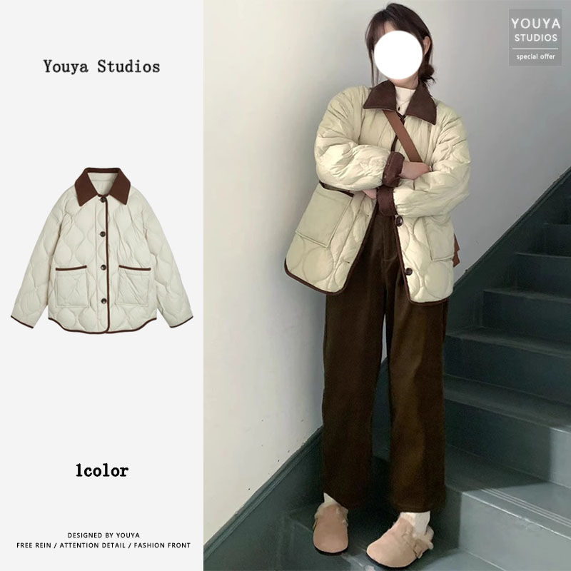 撞色菱格棉衣棉服女2023秋冬季新款韓版寬鬆百搭小個子翻領外套冬
