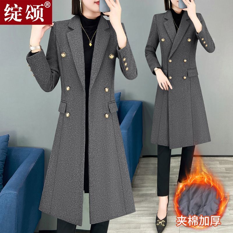 Mid-length gray suit jacket for women in autumn and winter thickened Korean style woolen coat suit for small people double-breasted workwear