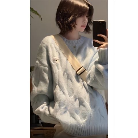 繽慕日系奶fufu麻花圓領毛衣女秋冬寬鬆慵懶風bf軟糯加厚針織衫潮