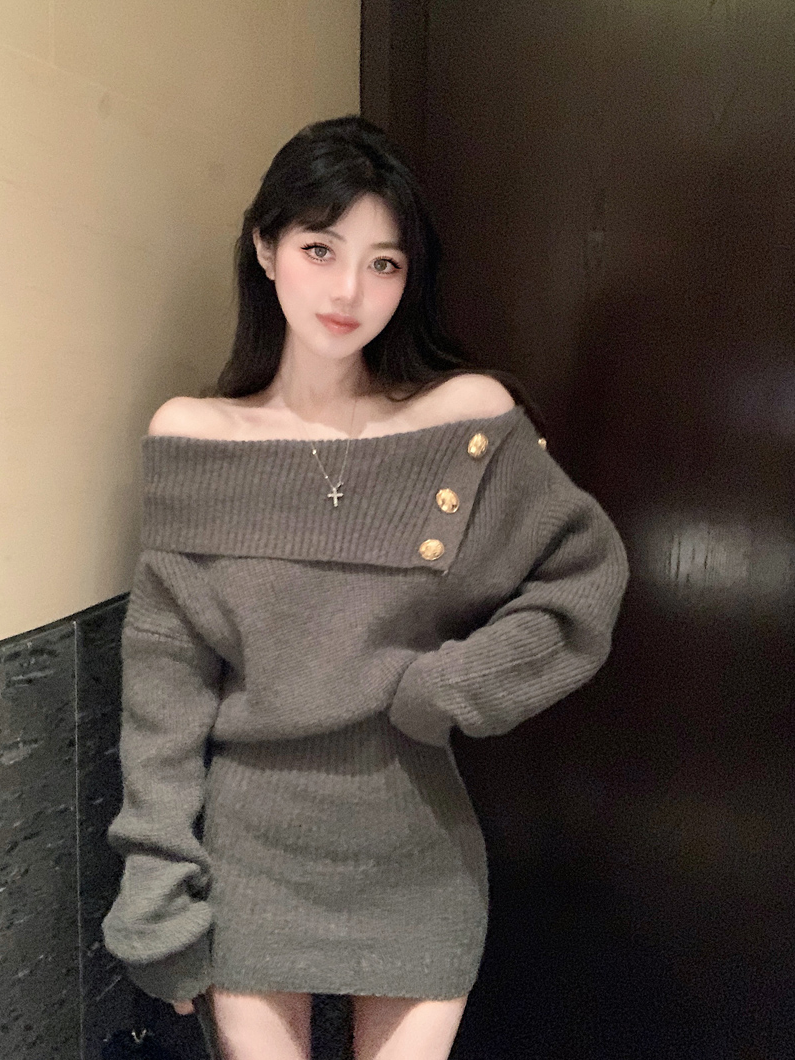 一字肩露肩毛衣連衣裙女裝包臀裙熱辣針織短裙子女秋冬季2023新款