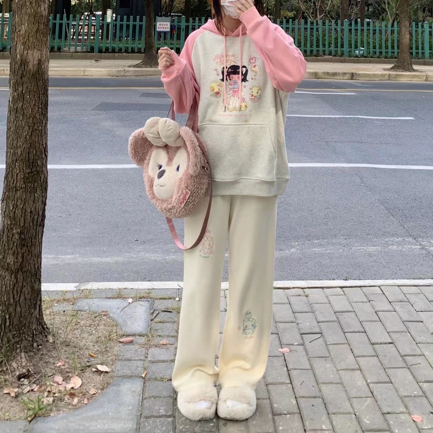 Plush corduroy Japanese style strawberry cat embroidery wide leg long pants autumn and winter loose soft waxy casual pants for students
