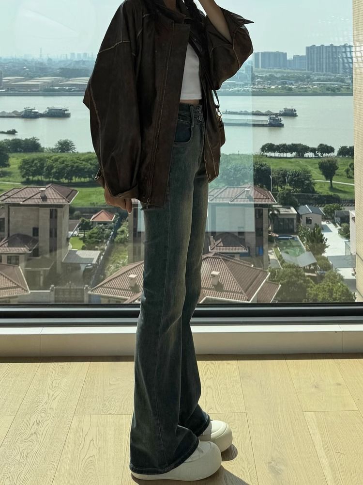復古水泥灰微喇牛仔褲女高腰2023秋季新款緊身顯瘦拖地喇叭長褲子