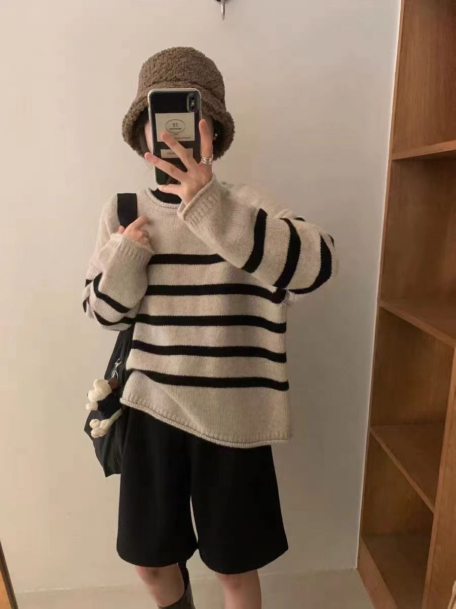 韓貨輕奢高級感穿搭秋冬季小個子軟糯毛衣2023年小眾條紋針織衫女