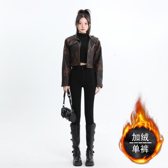 個性簡約雙排扣設計牛仔褲女秋冬2023加絨緊身彈力鉛筆小牛仔腳褲
