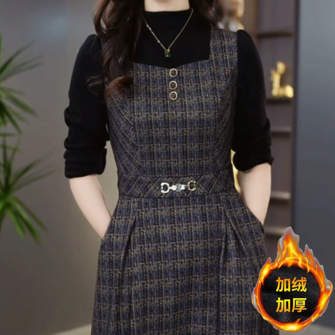 磨毛精紡加絨加厚假兩件格子連衣裙女2023秋冬新款氣質顯瘦裙子