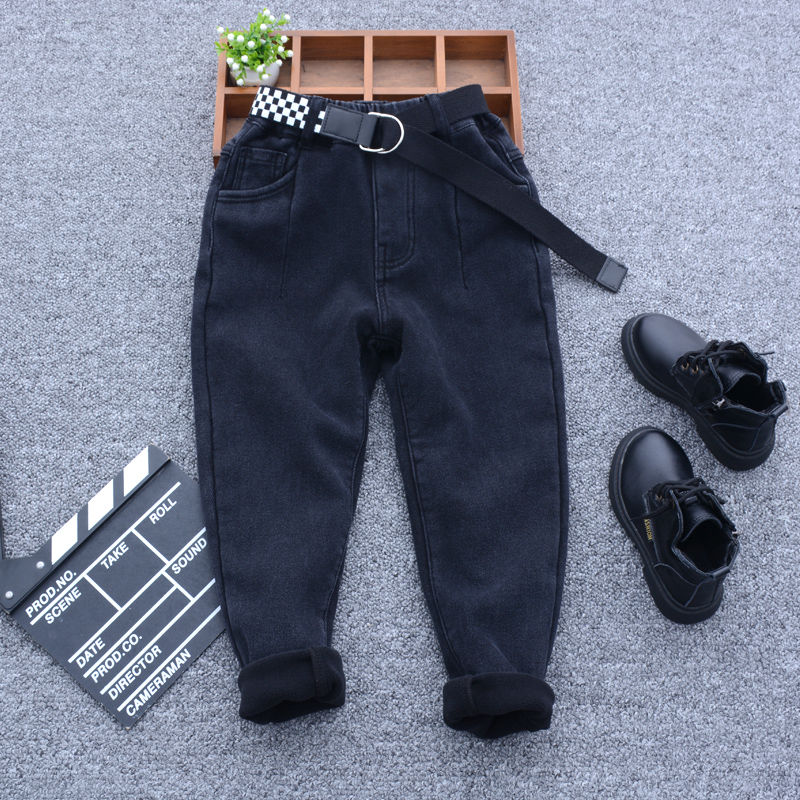 Boys' jeans in autumn and winter, thickened with velvet, new Korean style, fashionable and casual all-in-one velvet boys' pants for middle and large children