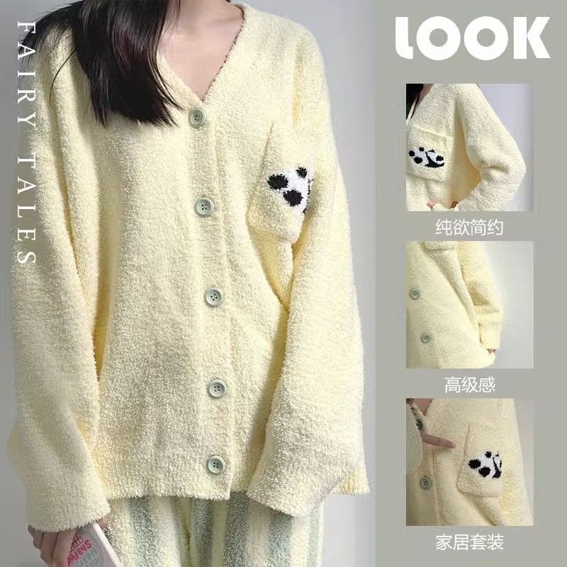 熊貓睡衣冬季女款珊瑚絨條紋加厚半邊絨網紅風家居服套裝可外穿